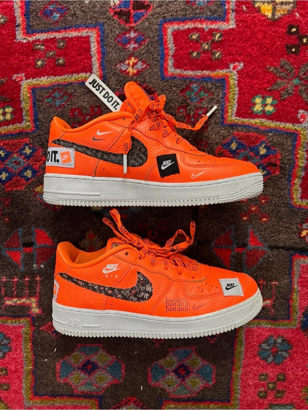 Nike Orange 'Just Do It' Air Force 1 Low Sneakers with Black Swoosh Accents